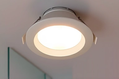 Close-up of an IP65 rated recessed LED light fixture.